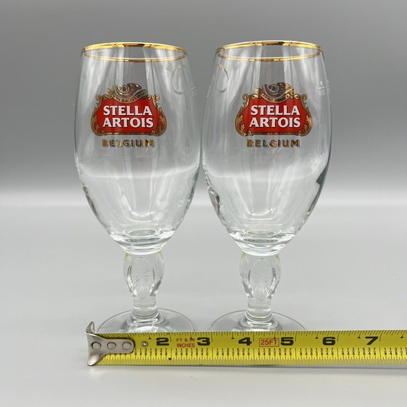 Stella Artois Chalice Beer Glasses Gold Rim 33cl Set of 2 EUC Fathers Day Gift - Picture 11 of 11